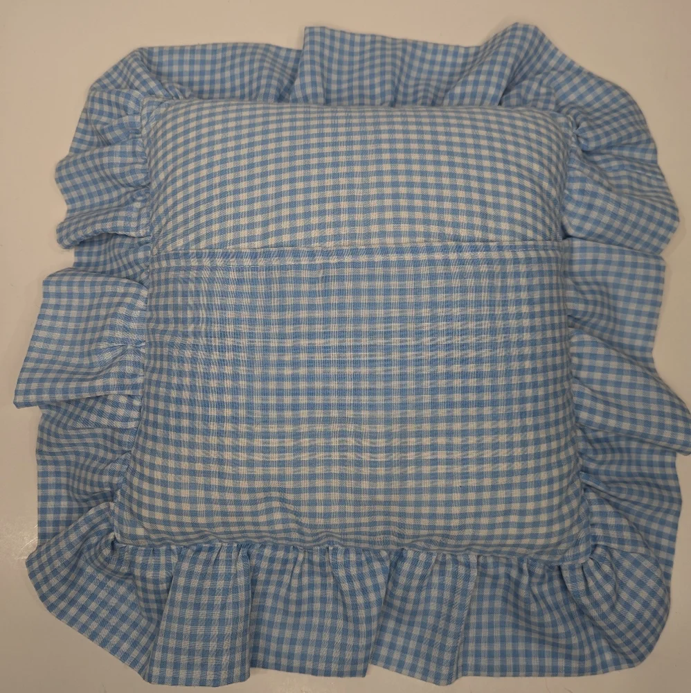 Handmade Cottagecore Blue Pillow with Pink Flower Applique Gingham Ruffle
